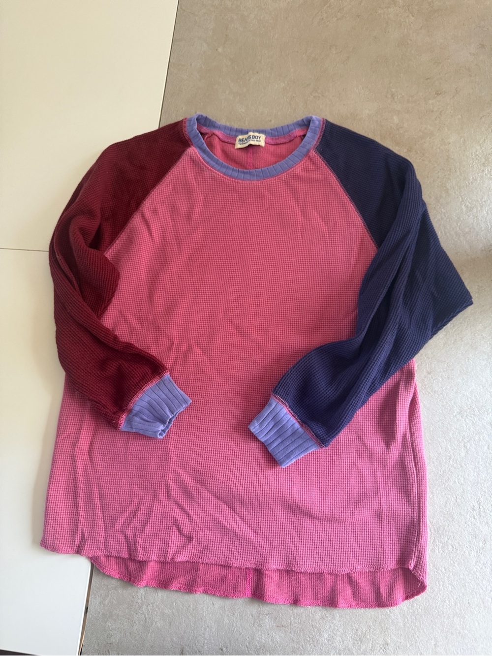Beams Boy Colorblock Pink Waffle Knit Raglan Top